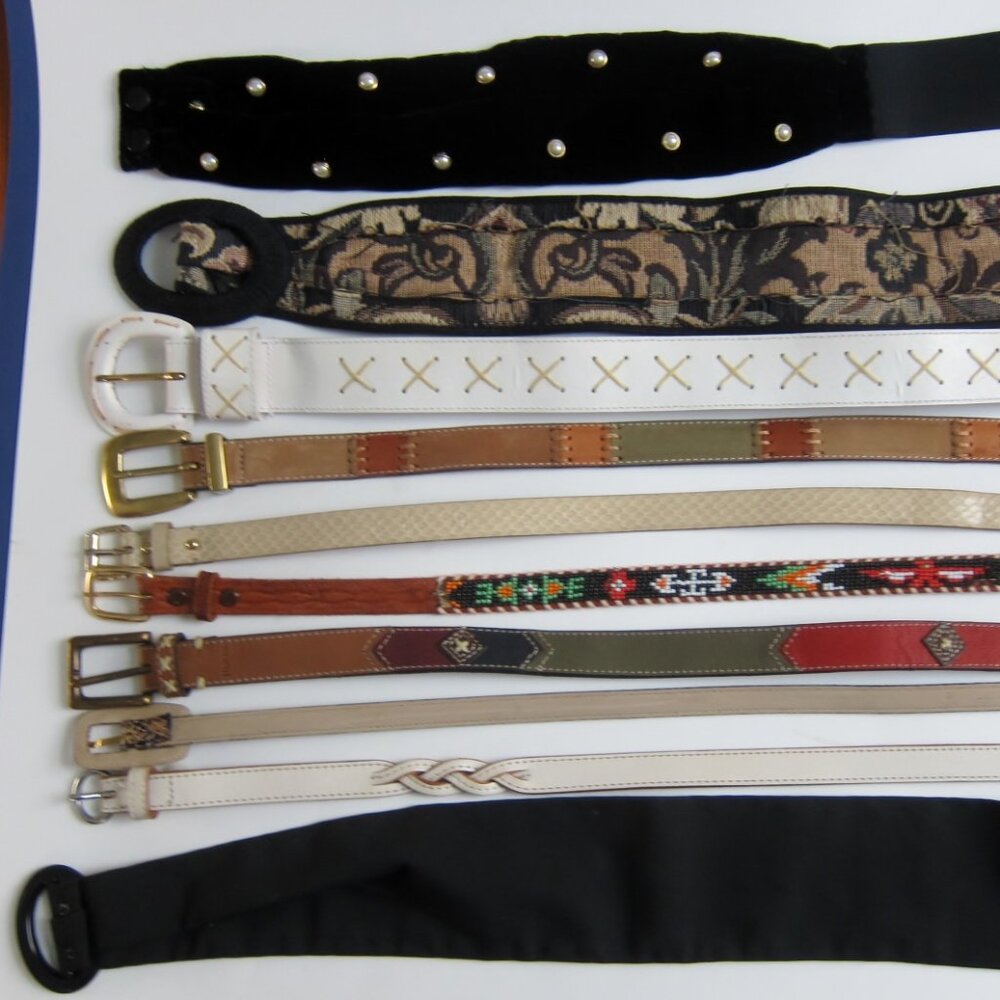 10 belts, varying designs and patterns